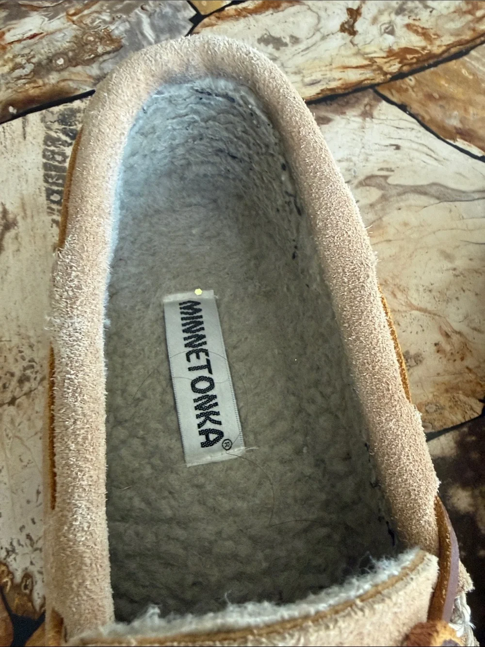 Minnetonka Chestnut Suede Moccasin Slipper with Shearling Lining